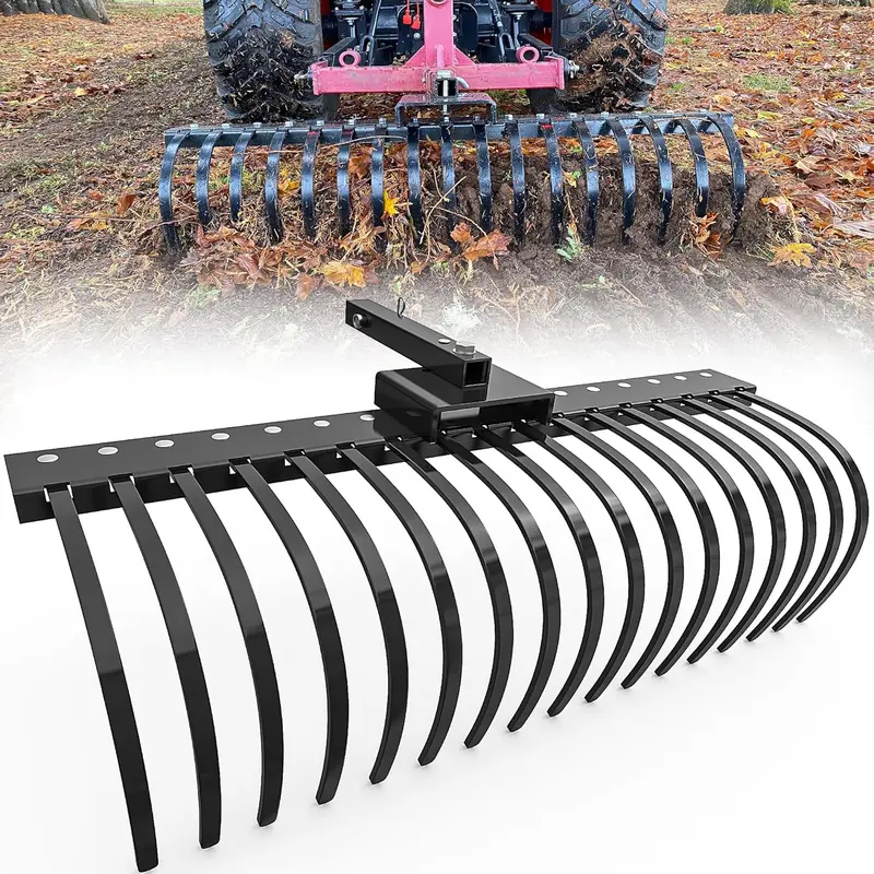 YITAMOTOR 48" / 60" Tow Behind Landscape Rake, 2" Receiver Lown Dethatcher Rack with 17 / 21 Steel Tines for ATV/UTV & 3-Point Hitch Systems Tractor, for Leaves, Debris, Grass, Pine Needles Garden Manuallawnmower