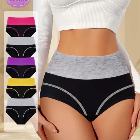 [Soft Cotton] 5-Pack MEIYATING Women's High-Waist Control Fashion Comfy Underwear, Fashion Colorblock Comfortable Fit Triangle Panties, Premium Skin-Friendly Print, Casual Soft Panties