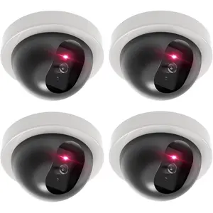Dummy Fake Security CCTV Dome Camera with Flashing Red LED Light with Security Alert Sticker Decals (SDW-4), 4 Packs, White