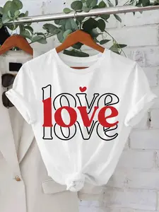 Women'S White and Red LOVE Printed T-shirt with Heart and Letters| Casual Short Sleeve Crew Neck Top, Breathable and Lightproof Fabric, Machine Washable, Suitable for Spring and Summer, Valentine'S Day Outing Wear