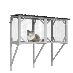 43.3x25.2x47.2 Inch Solid Fir Wood Cat Window Perch, Wall-Mounted Catio with 270° View Mesh, 55LBS Capacity, Fits Windows Up To 37.75", Sturdy Cat Enclosure for 1‑4 Cats Indoor Outdoor