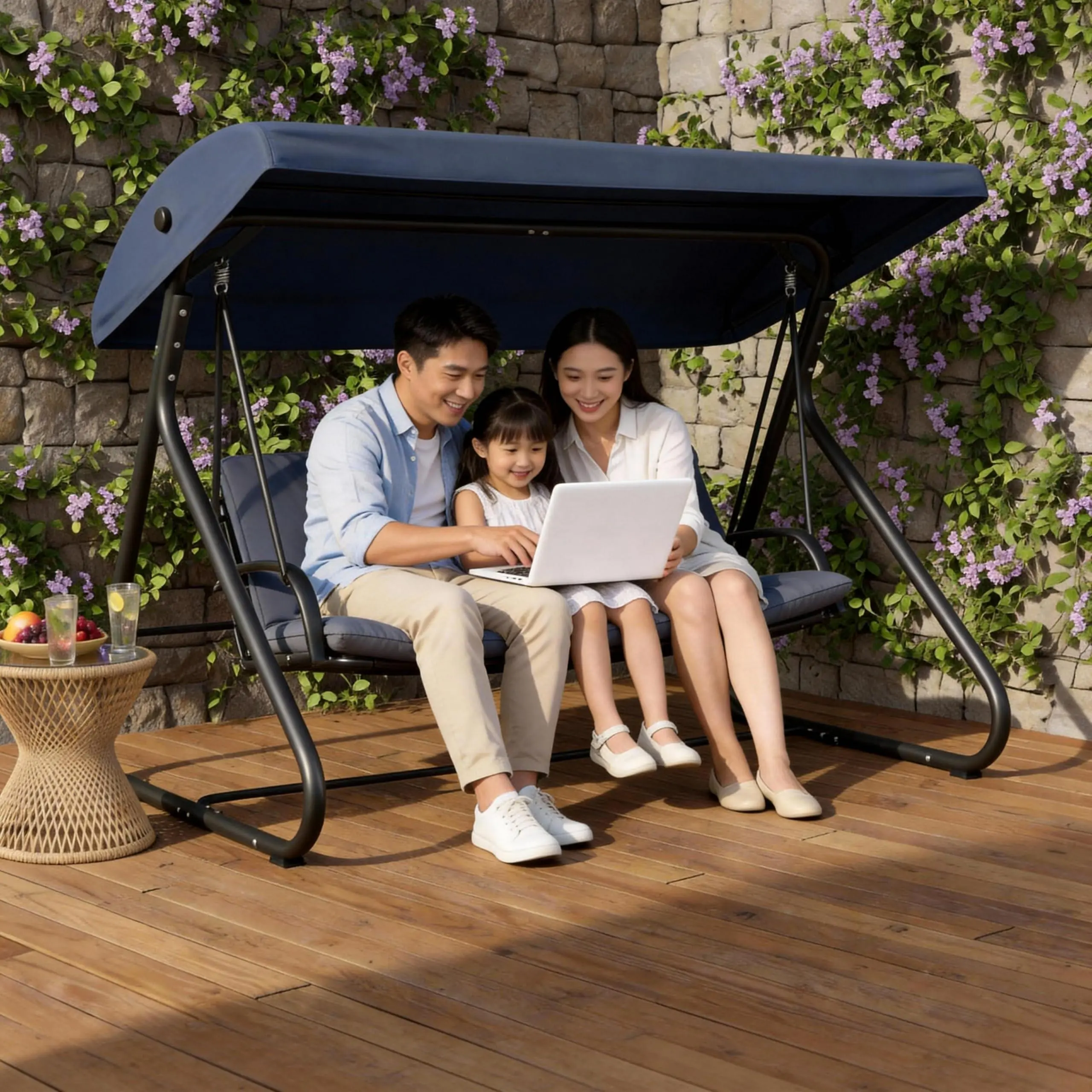 GARVEE 3-Seat Outdoor Swing Glider with Adjustable Canopy, 2-in-1 Bench & Flat Bed, Removable Cushions, Heavy-Duty Metal Frame, 750 lbs Capacity for Patio Backyard