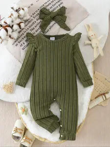 Baby Knitted One-Piece Set with Headband, Breathable Vertical Rib Fabric, Fly Sleeve Decoration, Snap Button Back, Daily Home Wear, Baby Girl Clothes