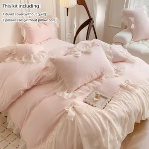 3pcs Princess Style Lace Bedding Set with Bow Decor, Quilt Cover and Pillowcase, Elegant Bedroom Accessories, No Core Included
