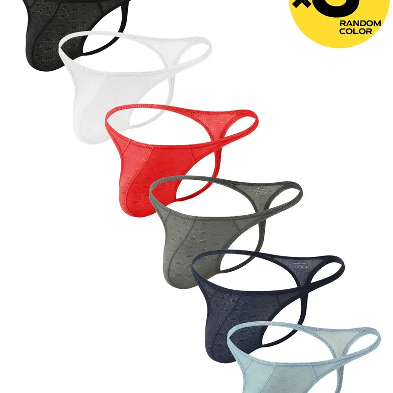 2/3/4 Pcs Random Color Men's Solid Lace Thongs, Narrow Thin Waistband, T-Back Hip-lifting, Bikini Style Slim Fit, For Sports, Fitness & Daily Home Wear, Underwear All Seasons Men, Aesthetic