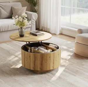 Round Coffee Table with Storage and LED Lights, 31.5" Lift Top Coffee Table, Mid Century Modern Coffee Tables for Living Room, Apartment Office, Center Table with Rustic Wood Desktop, Sleek Wood Furniture,Easy Assembly