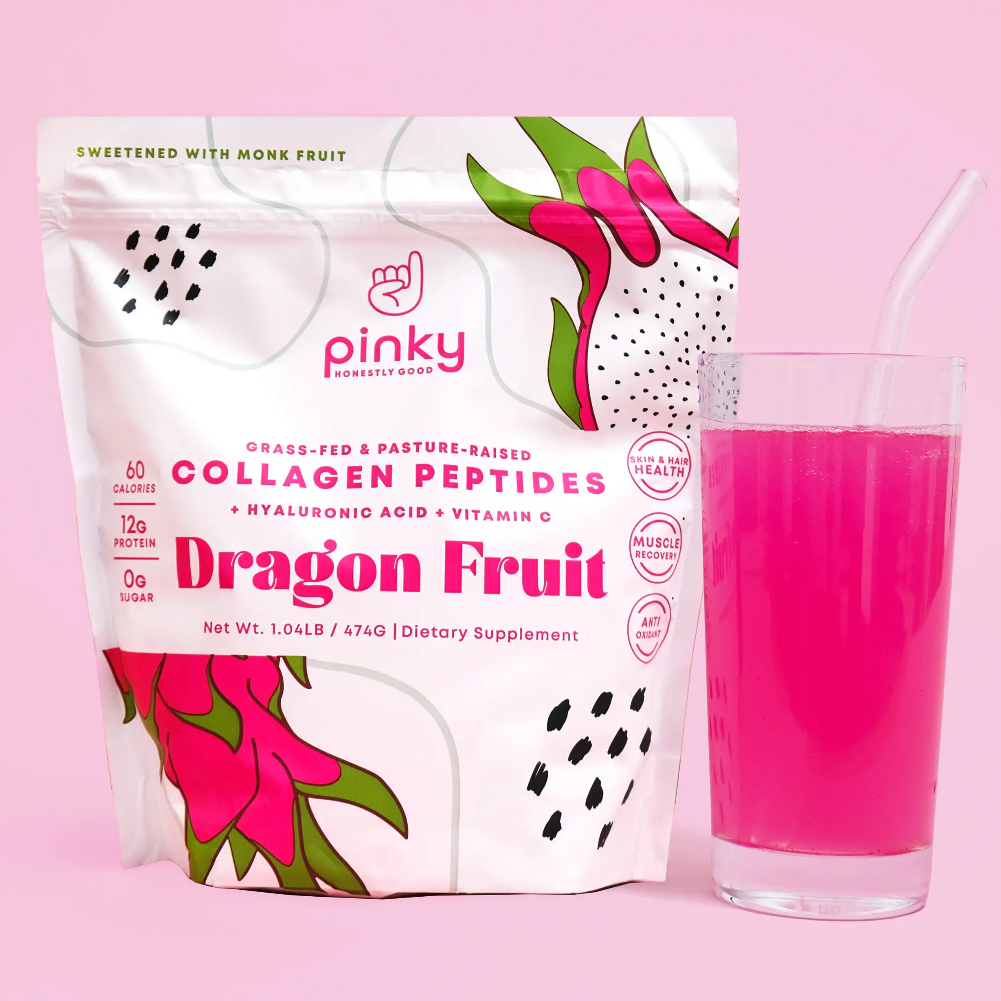 Pinky Collagen Peptides with Hyaluronic Acid and Vitamin C, Dragon Fruit Flavor, High in Protein, Zero Sugar, Supports Skin, Hair, Joint, and Gut Heal