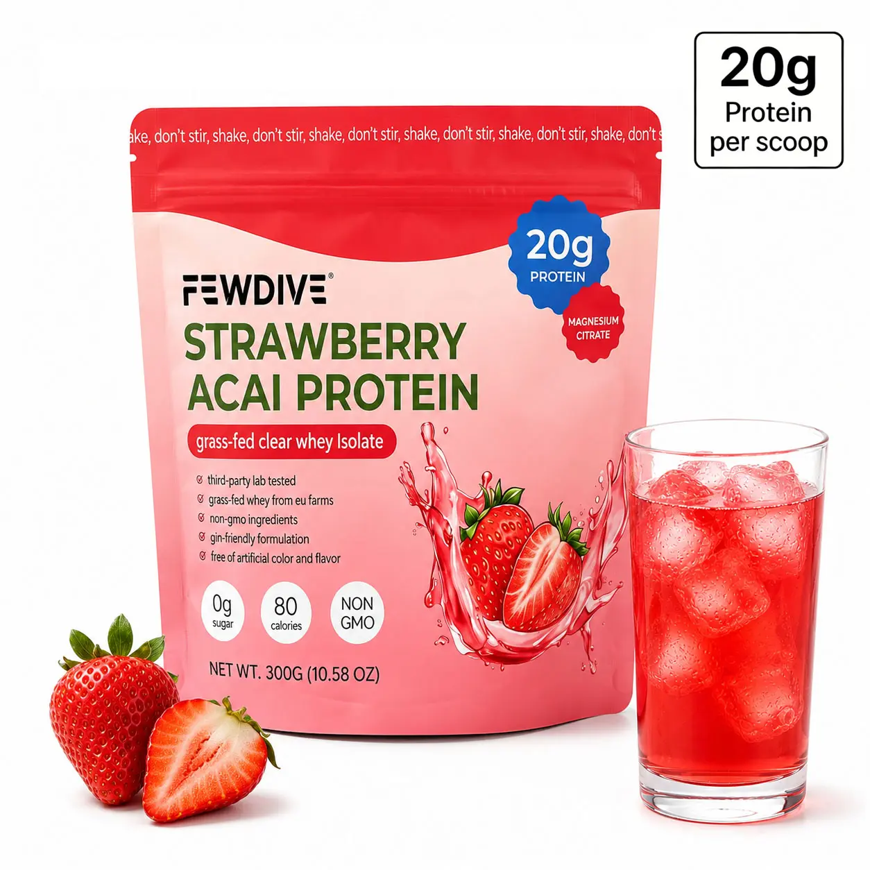 FEWDIVE Clear Whey Isolate Protein Powder Supplement - Grass-Fed Blend with Collagen, Magnesium, Vitamins, 20g High 0 Sugar Protein Supplements, 80 Calories, Lactose & Gluten Free, Light Refreshing Fruity Drink for Fitness, Skin Care Daily Nutrition