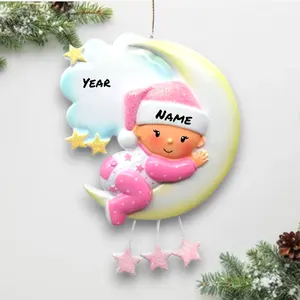 Personalized Baby Girl on Moon Christmas Ornament – Custom Name & Year – Pink Pajamas Holiday Keepsake 2025