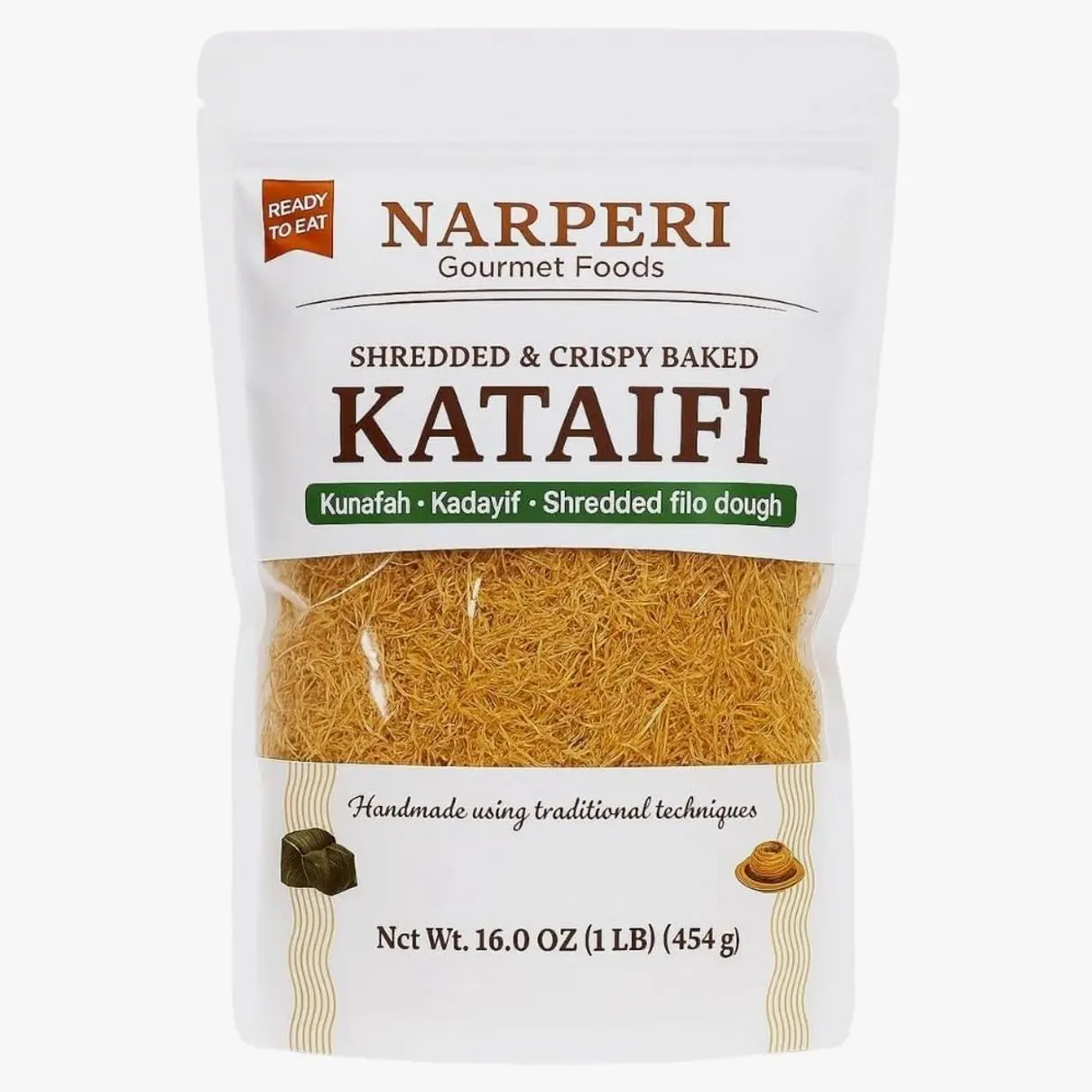 Narperi Gourmet Kataifi, Shredded Crispy Filo Dough, 1 lb, Vegan, Ready-to-Eat