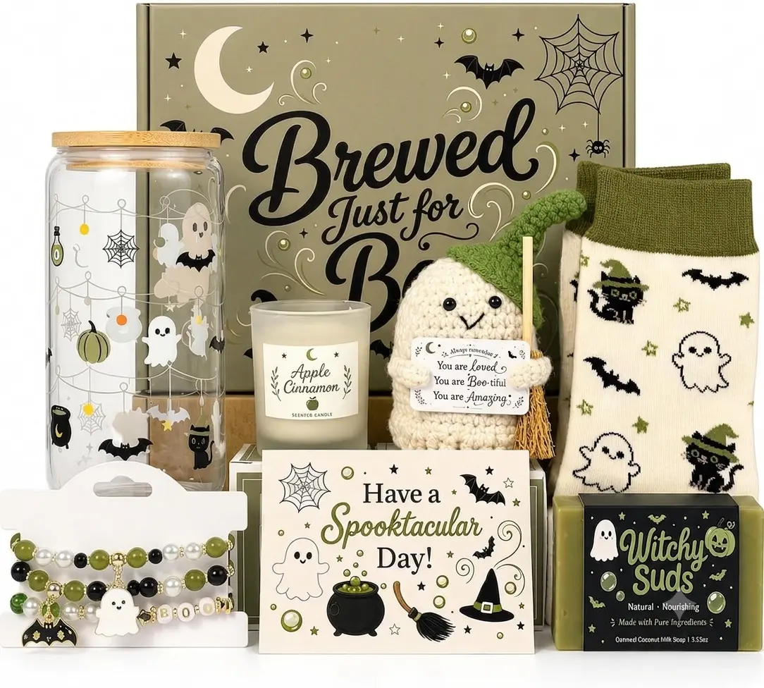 Halloween fall Gift Boo Basket Stuffers for Women, Halloween Gifts for Women Teens Girls Her Sister Friend Adults, Halloween Boo Basket Ideas w Spooky Glass Cup (Green)
