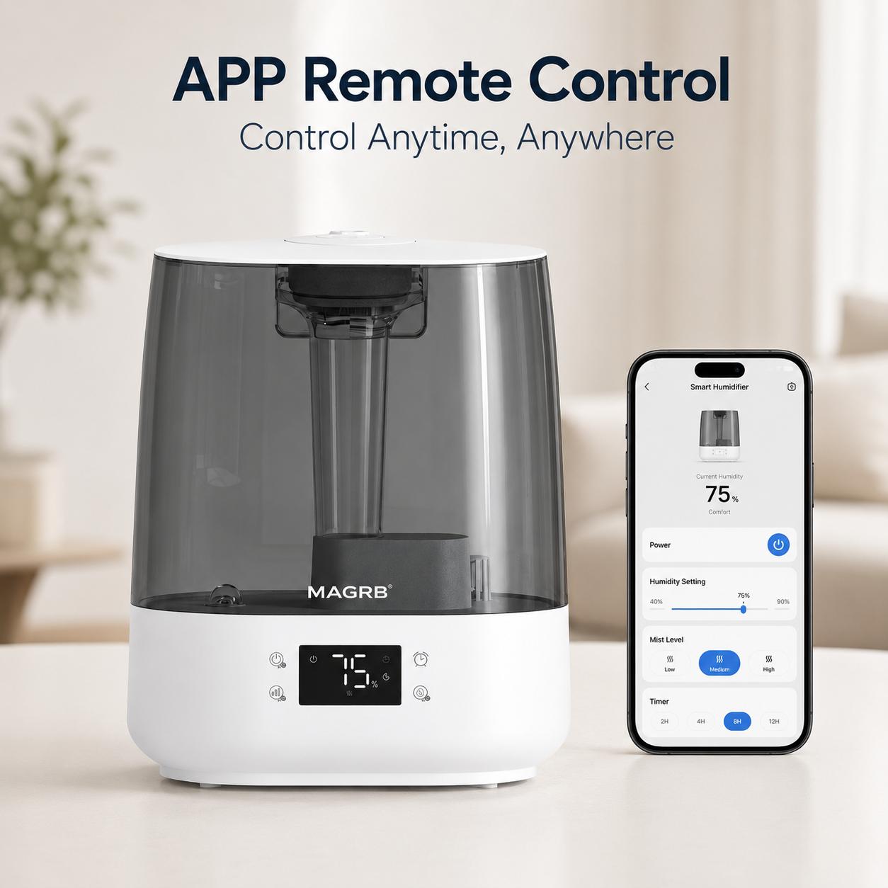 【DealsForYouDays】MAGRB 6L Smart Humidifier for Bedroom and Large Room, APP Remote Control Cool Mist Humidifier with Auto Humidity Control, 1-24H Timer, 3 Mist Levels, Sleep Mode, Top Refill Design, Visible Water Tank, Aroma Pads Included