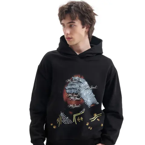 MeJend MJ Rhinestone Menswear Long Sleeve Sweatshirt - Unisex 100% Cotton Oversized Tops, Streetwear Clothing Pullover for Halloween, Party, Fall Winter Casual Outfit with Diamonds