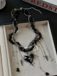 Gothic Style Heavy Cross Heart Tassel Multi-Layer Necklace for Women, Sweet Cool Punk Girl High-End Unique Clavicle Chain Trendy