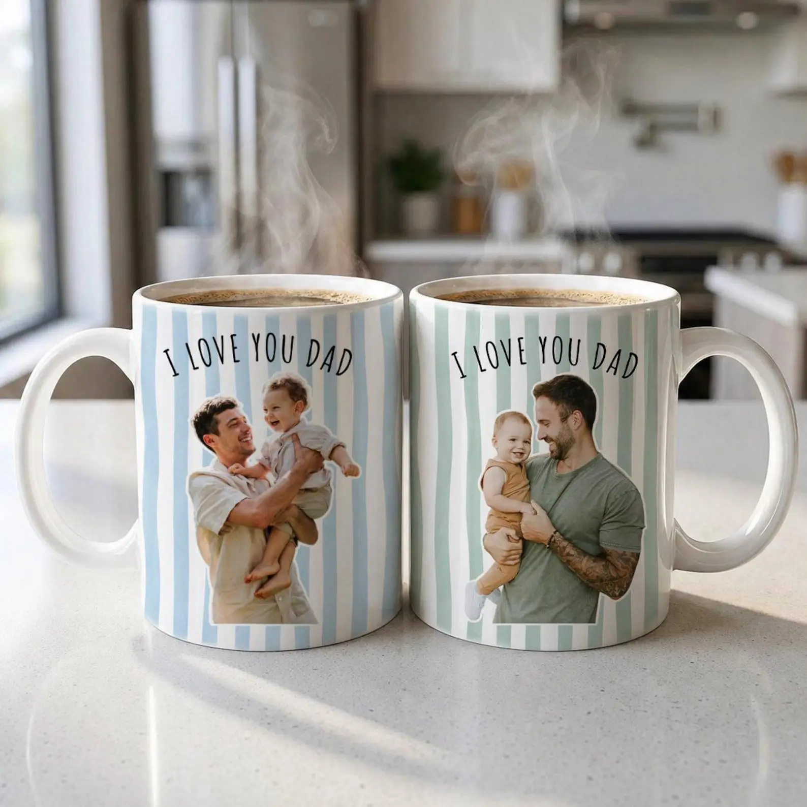 Custom Photo Striped Mug for Dad, Personalized Father and Son Picture Cup, Best Dad Gift with Custom Name, Gift for Grandpa, New Dad Gift