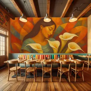 Latin Woman with Lilies Wall Mural - Vibrant Mexican Folk Art for Restaurant, Cantina, or Airbnb Accent Wall, Peel and Stick