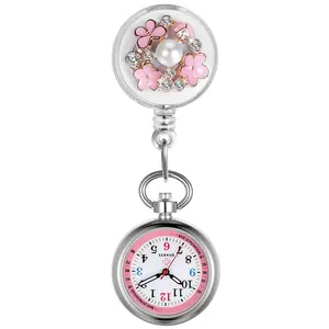 OIDEA Floral Nurse Watch with 3D Pink Petal & Faux Pearl Decoration, Retractable Band, Durable Alloy Case, 1ATM