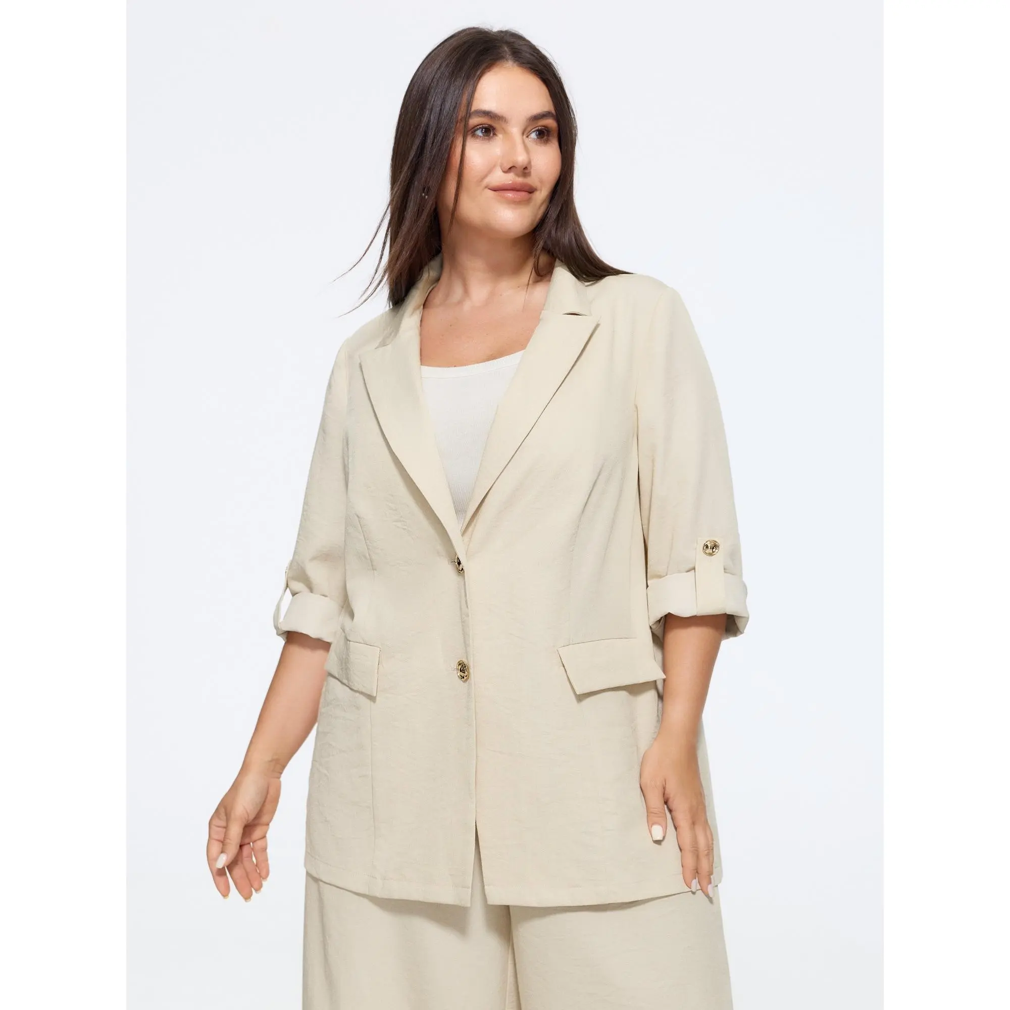 BLOOMCHIC Plus Size Textured Button Down Tab Sleeve Blazer[M-6X] Back To School,Fall Pick
