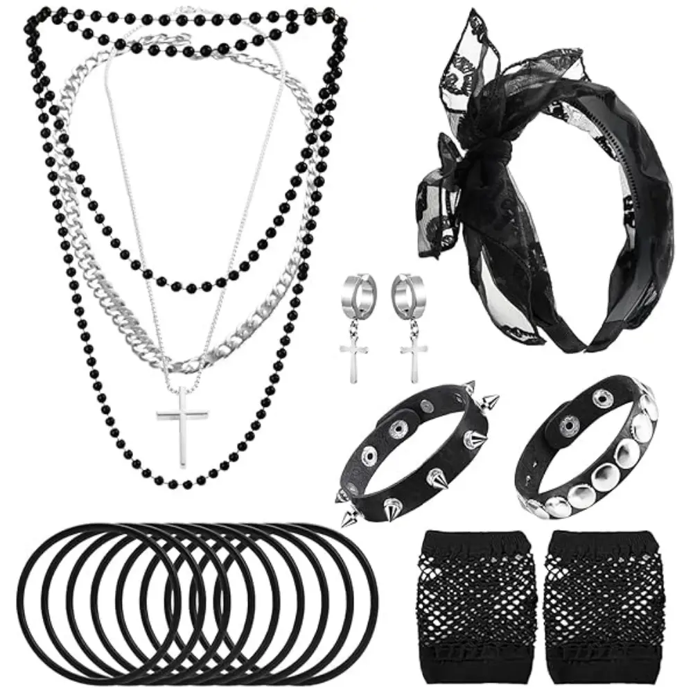 80s Costume Accessories Set for Women, Adjustable Retro Party Kit Featuring Stacking Layers, 1 Cross Necklace, Fishnet Gloves, Silicone Bracelets & Headband, Fashion, Fit, Outfits, Comfortable, Lace Headband