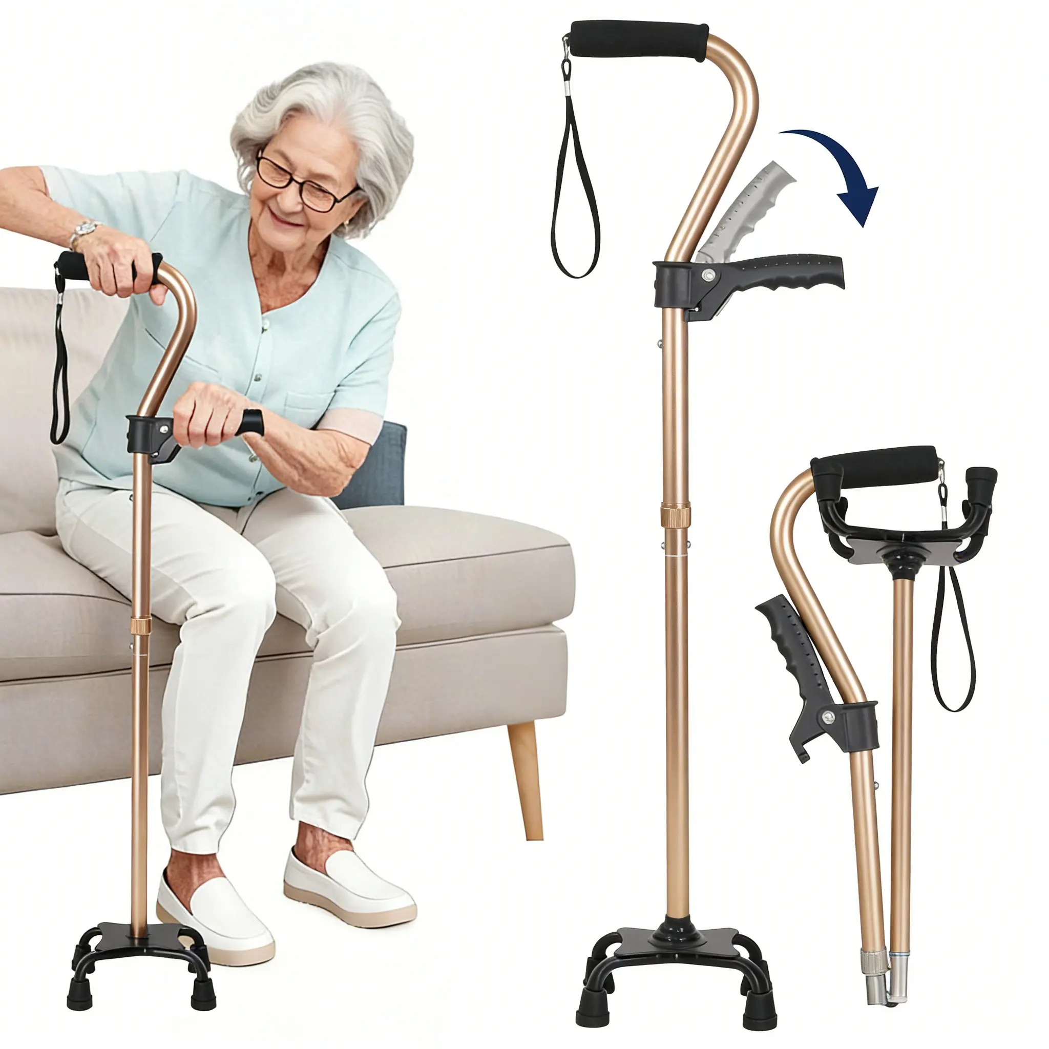 Seniors' Dual-Handle Quad Cane Mobility Aid - Foldable Portable Healthcare Supportive Walking Stick, 6-Adjustable Height Lightweight Aluminum, Non-Slip Grip, 4-Corner Base for Safe Easy Rising, With Handle Design