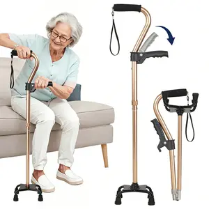 Assist Standing Up Dual Handle Quad Cane for Seniors, Foldable 6 Adjustable Height Lightweight Aluminum Walking Cane, Non-Slip Stable 4 Corner Base Mobility Aid for Elderly Easy Rising