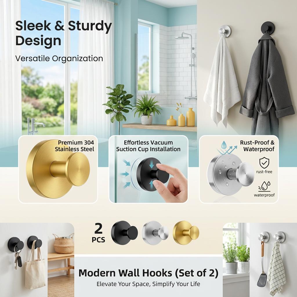2 Pack Stainless Steel Suction Cup Hooks, Heavy Duty No Drill Waterproof Reusable Hooks for Bathroom Kitchen Towel Robe Loofah hangers
