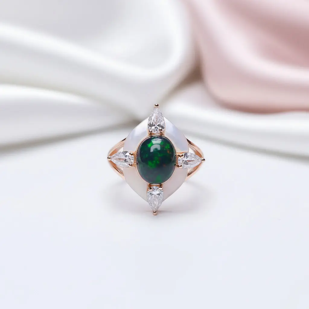Oval Cut Black Opal Engagement Ring