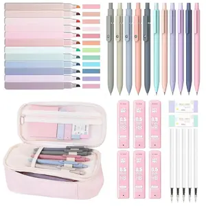 Cute School Supplies 37 PCS, Pencil Case with 12 Pastel Highlighters, 5 Black Gel Pens, Mechanical Pencils, College Essentials Students Stationary Set, Cute Stationery Set