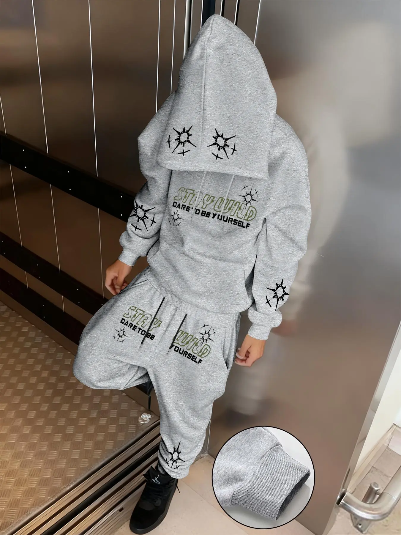 Men's Cool Letter Print Hoodie Sweatshirt Long Sleeve Pants Set Outfit, Casual Fitted Style, Comfortable for Commuting and Dating, Fall & Winter Fashion, Menswear