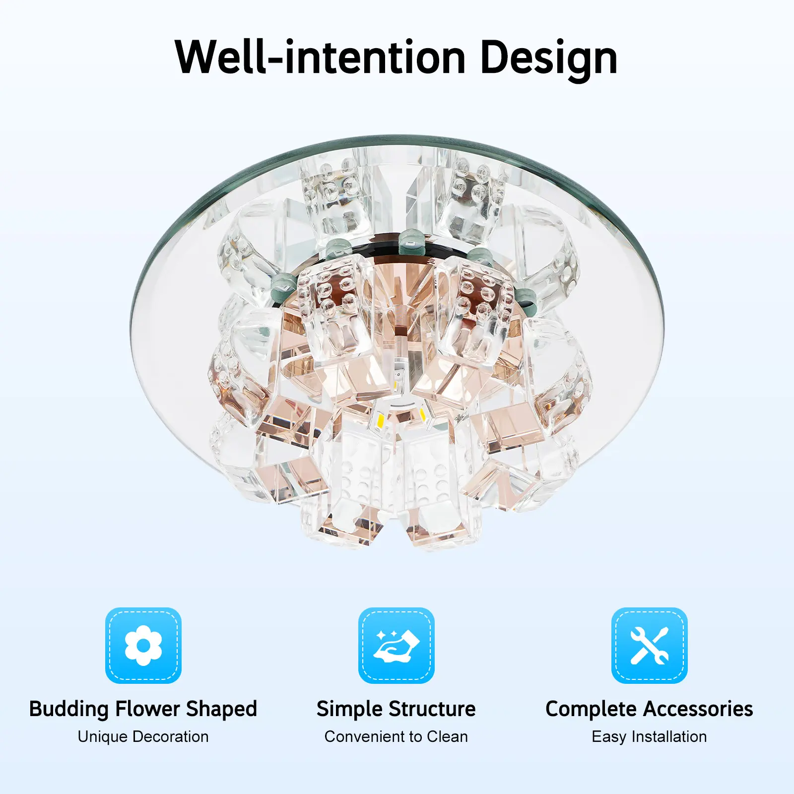 Crystal Ceiling Light Flush Mount, 9W LED Adjustable Warm White Blue Light, Luxury Flower Design, Wide Voltage, for Bedroom Living Room