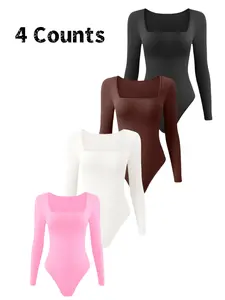 Women's  Long Sleeve Shapewear Bodysuit, Thong Design, Square Neck Slimming Tummy Control, Ladies Underwear & Shapewear