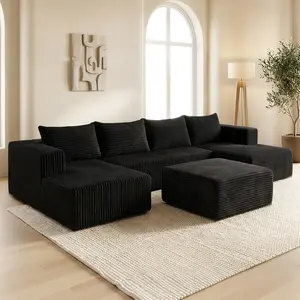 QIMENG Upholstered L-Shape Sectional Sofa Sets - 133in Corduroy Velvet U-Shaped Modular Double Chaise Boneless Couch, Memory Foam, Fixed Arms, Multi-Seat, Space-Saving for Indoor Living Rooms, No Assembly, 3-Package Shipping, L-Shape Sofa Sets