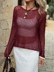 Women's Casual Vintage Hollow Out Long Sleeve Top, Breathable Mesh Knit Pullover, Vacation Style, Comfortable and Stylish, Knitwear, Womenswear