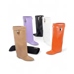 Women Padlock Detail Wedge Knee High Boots