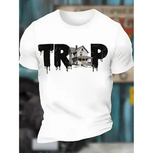 Men's Trap House Drip Pattern T-Shirt- White Crew Neck Streetwear T-Shirt with Bold Black TRAP Letters and House Design, Hip-Hop Rap Music Clothing, Urban Style Casual Shirt, Suitable for Concerts, Festivals, Daily Wea, Autumn and Winter Base Shirts