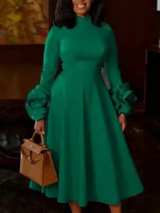 Elegant Women's Church Formal Dress, 3D Flower Sleeves, A-Line Silhouette, Stand Collar, Long Sleeve Midi, Perfect for Weddings and Parties