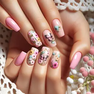 Floral & Butterfly Pattern Fake Nails with Nail File & Tape, Removable False Nails for Women Girls Nail Art, Effortless Press on Nails Manicure Set