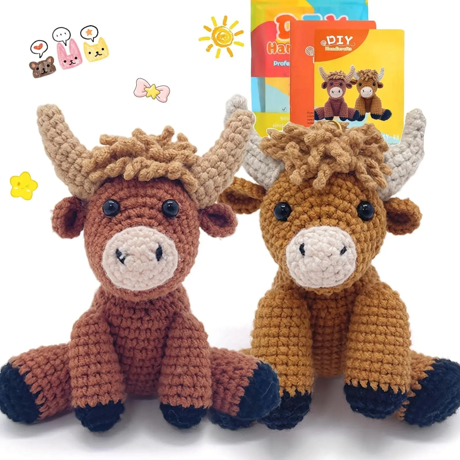 Highland Cow Crochet Kit for Beginners, 2pcs Animals Amigurumi Crochet Starter Kit with Step-by-Step Video Tutorial, Easy Knitting Set for Adults for All Age Crocheting Doll Xmas Gift