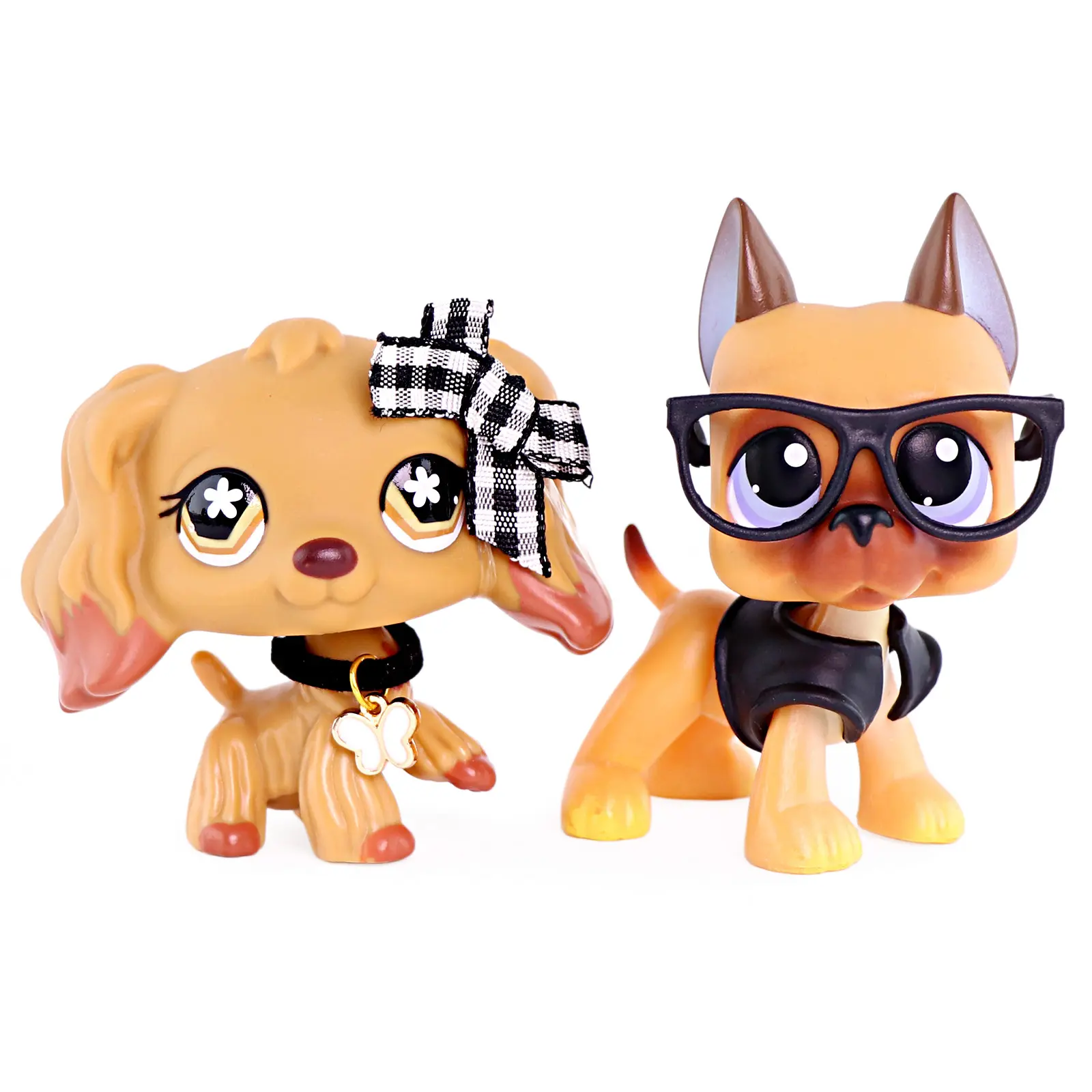 2 Pcs Mini Puppy Figurines Set, Cute Spaniel & Great Dane Plastic Dog Dolls with Dress Up Accessories, Collectible Animal Statues for Cake Topper, Pretend Play & Shelf Display