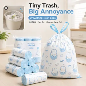 Trash Bags 100 PCS Blue Cartoon Drawstring 4 Gal 17.7x19.7 in Easy-Tie Small Bin Liners for Vanity Car Bathroom