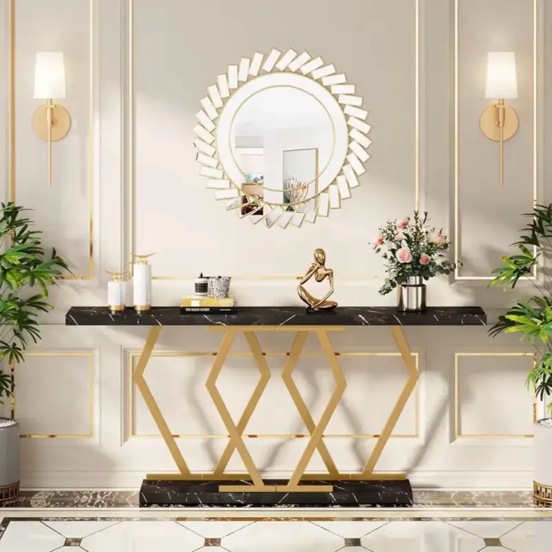 70.9” Black & Gold Faux Marble Console Table with Geometric Design and Elegant Finish