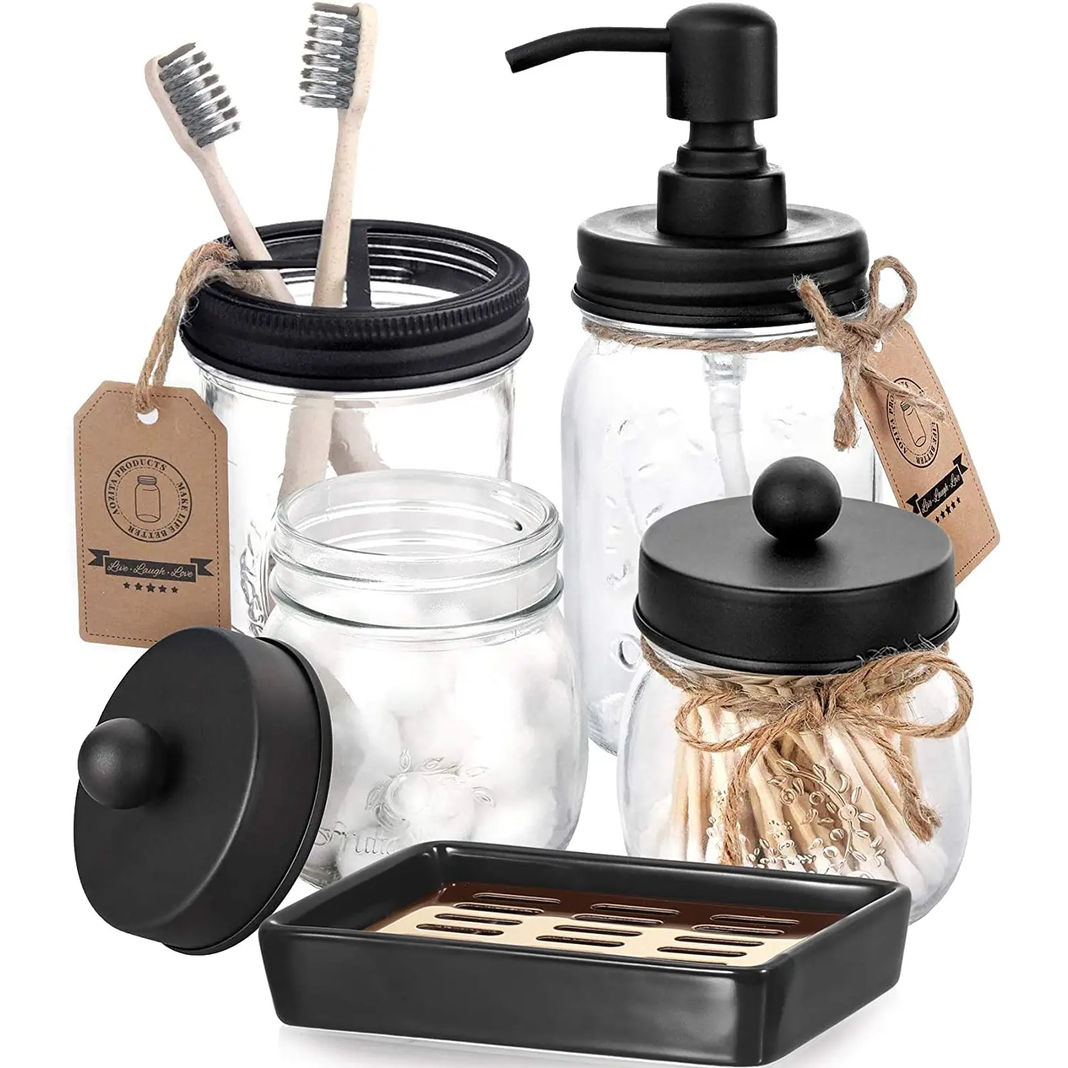5 Pcs Mason Jar Bathroom Accessories Set - Mason Jar Soap Dispenser & 2 Apothecary Jars & Toothbrush Holder &Ceramic Drain Soap Dish - Rustic Farmhouse Restroom Bathroom Home Decor Clearance, Black AOZITA AOZITA