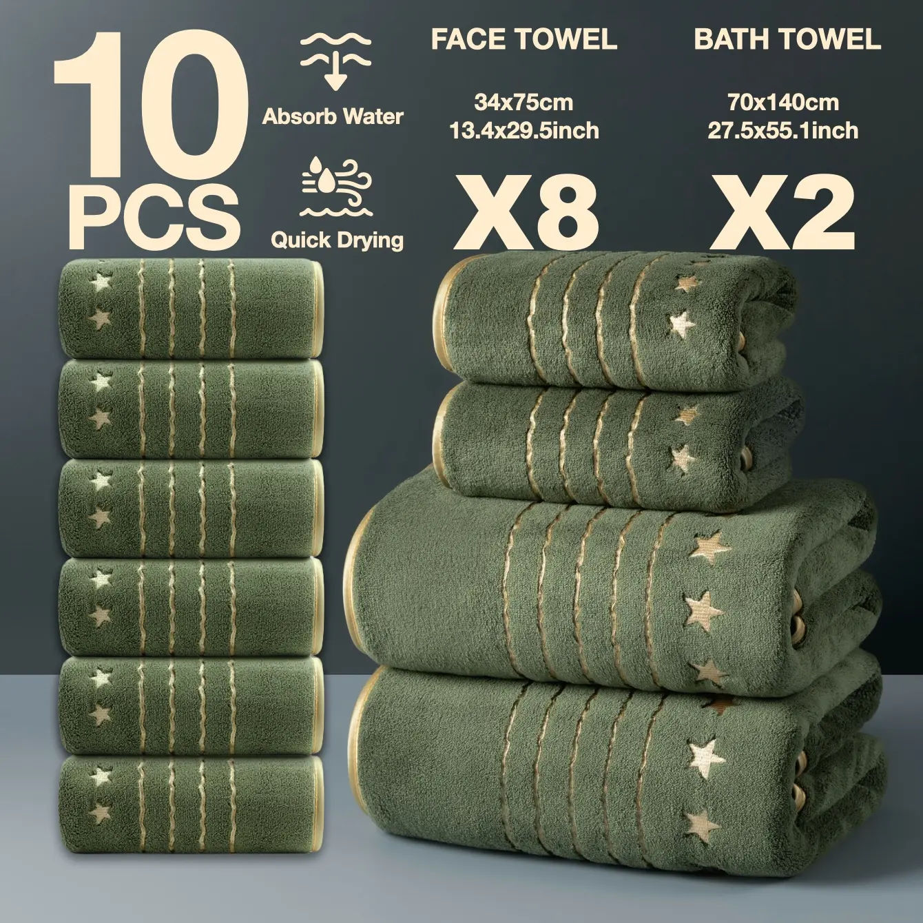 10-Piece Gold Thread Embroidered Bath Towels Set, Quick-Dry Strong Absorbent Microfiber, Modern Simple Bathroom Accessories