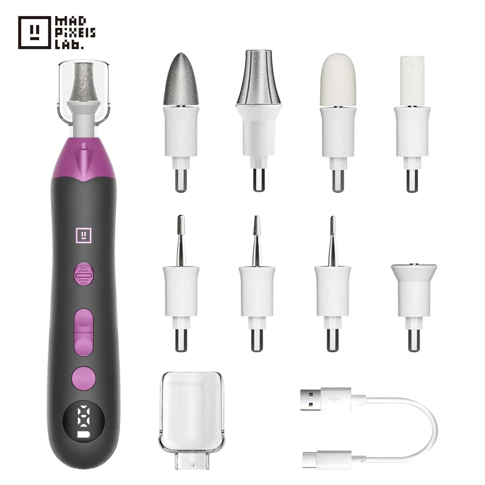 Mad Pixels Lab. Professional Pedicure Kit, Electric Nail File Set, Cordless Electric Nail Drill, Feet Callus Removers, 9-Position Foot Care Tool for Sanding, Trimming and Polishing Nails Manicure Nail Care