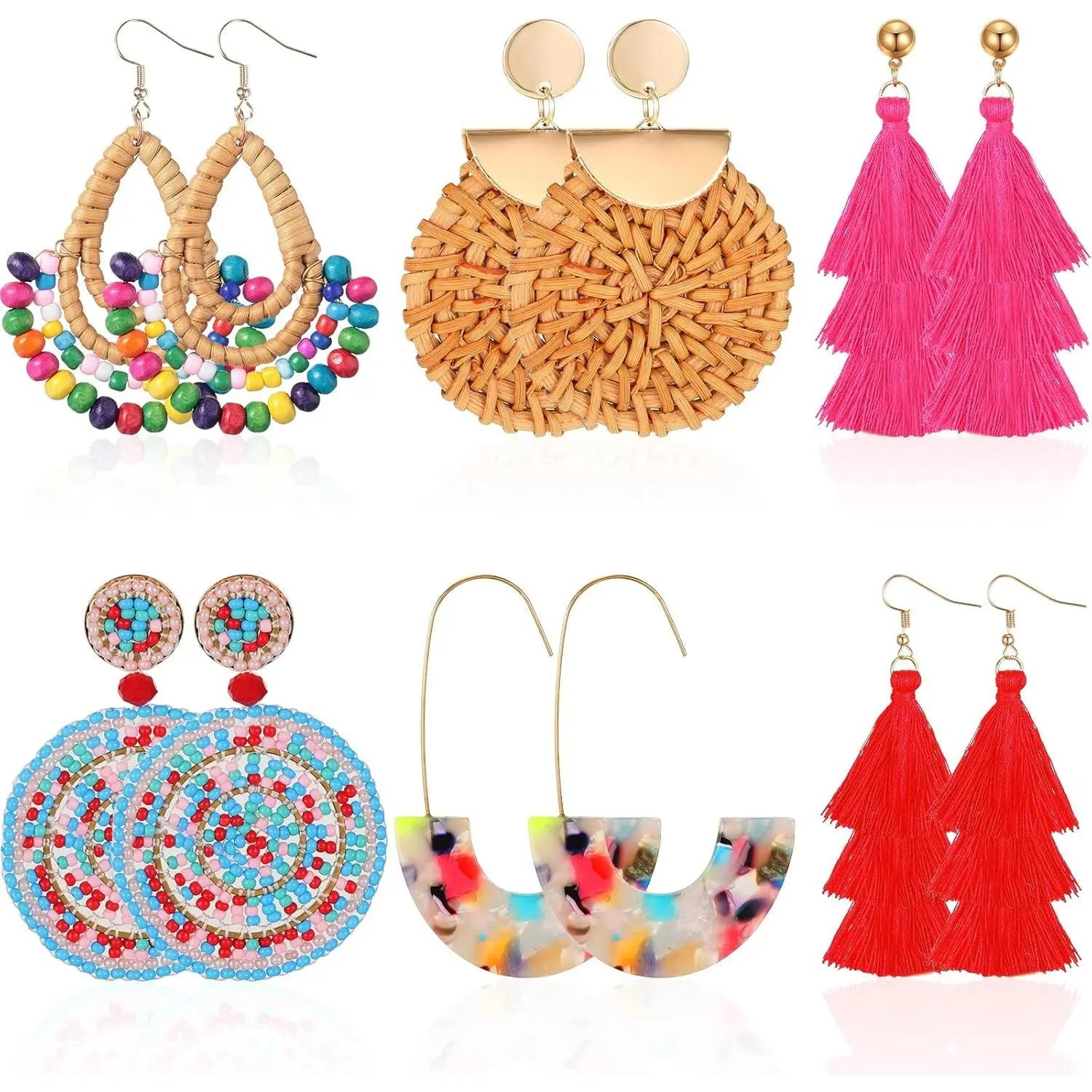 6 Pair Valentine's Day Rattan Earrings Straw Earrings for Women Tassel Woven Bohemian Earring Wicker Braid Hoop Drop Beach Earrings for Girls