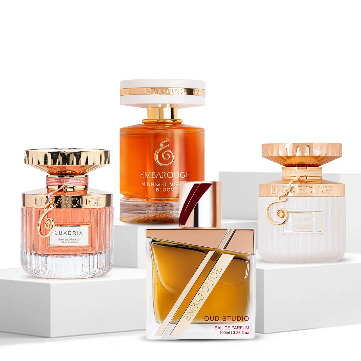 The Infinite Wardrobe Gold Edition | 4-Pack Perfume Set | 4x100ml (13.6 Fl. Oz) | Midnight Mirage Bloom, Luxeria, Lumiora & Oud Studio | The Crisp, The Elegant, The Earthy & The Addictive | Long Lasting Eau De Parfum