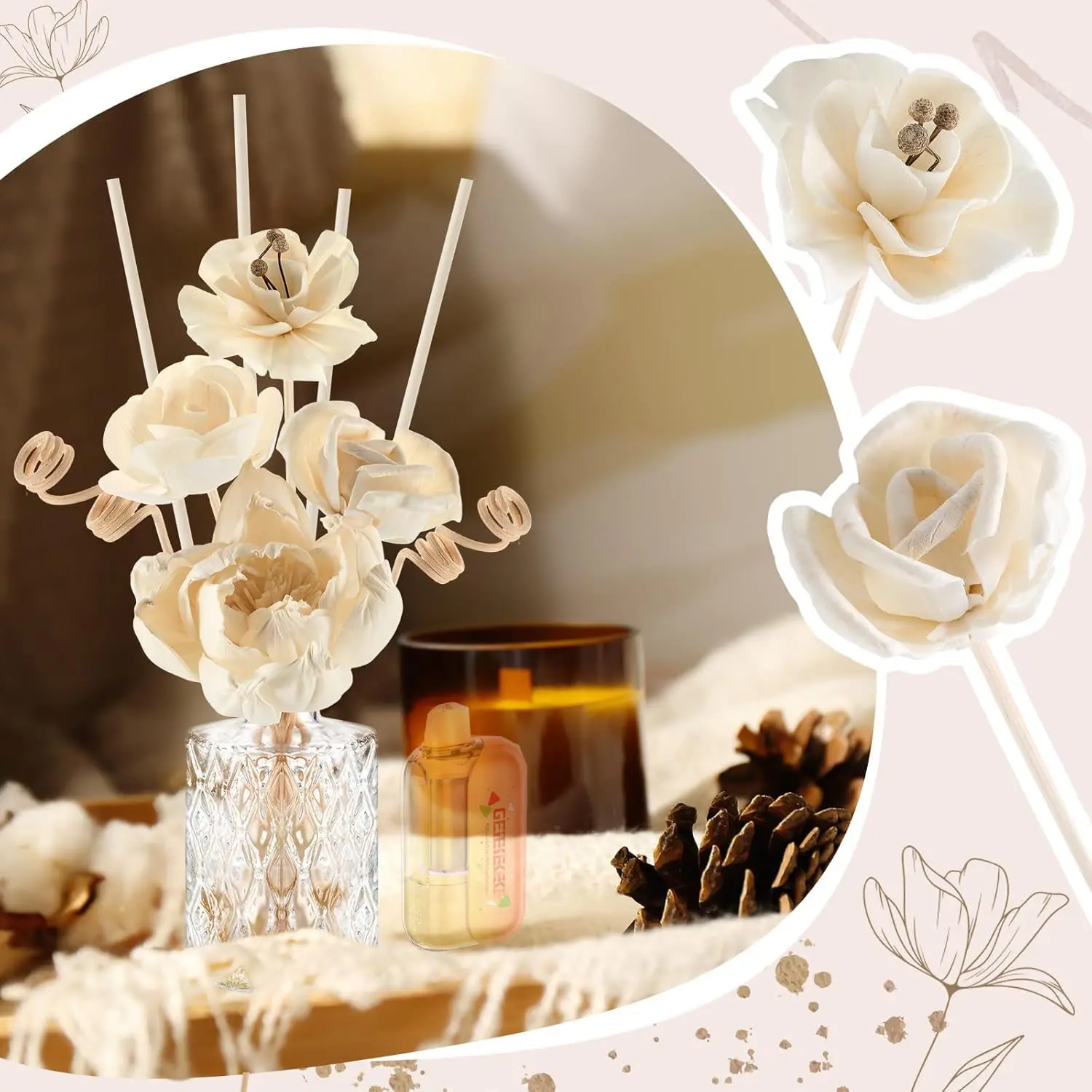 GEEEEbar Flower Reed Diffuser Set for Bathroom Air Fresheners, Home Fragrance Reed Diffuser for Bathroom Shelf Decor Oil Defusers | Fresh Linen/Ocean/Eucalyptus & Mint Fruit Scent Shelf Decor