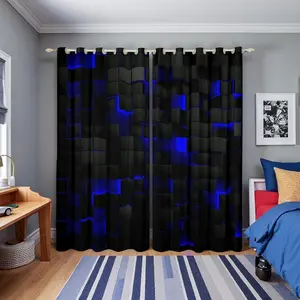 Feelyou 50% Blackout Geometric Curtains - Privacy Grommet Curtains for Bedroom, Black Navy Royal Blue Neon Abstract Stereoscopic Check Grid Plaid Drapes for Men’s Gamer Room Decor