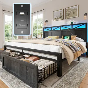 Raybee Wood Bed Frame with 2 Storage Drawers with Wheels & 11.8" Underbed Space, Metal LED Bed Frame with BUilt-In Charging Station, Platform Bed Frame for Full/Queen/King with Headboard, Modern Industrial Farmhouse Style, Capacity 900LBS with Metal Slats