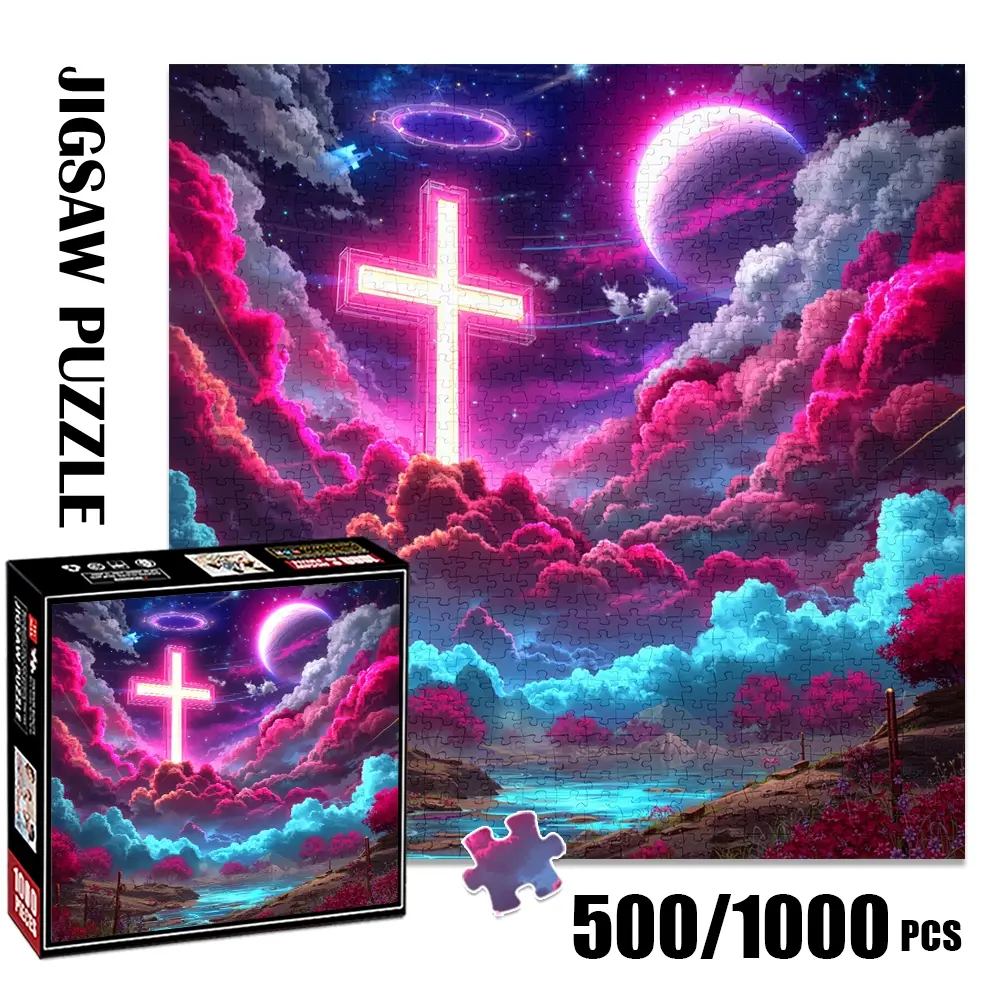 1pc 1000 piece adult puzzle 58x58cm Neon Cross in Cosmic Cloudy Landscape with Planet and River 500 pieces paper jigsaw puzzle suitable for DIY creative games for adults and families, birthday and